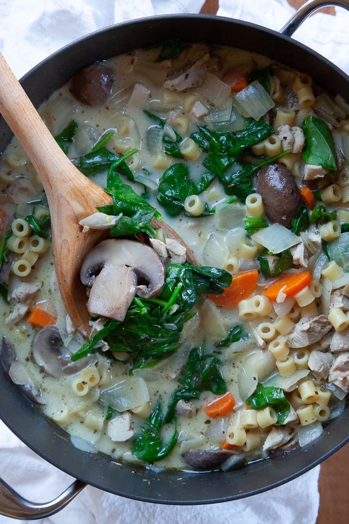 Chicken Florentine Soup with mushrooms and carrots.