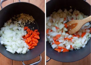 cook the onions, carrots and garlic until onions start to soften.