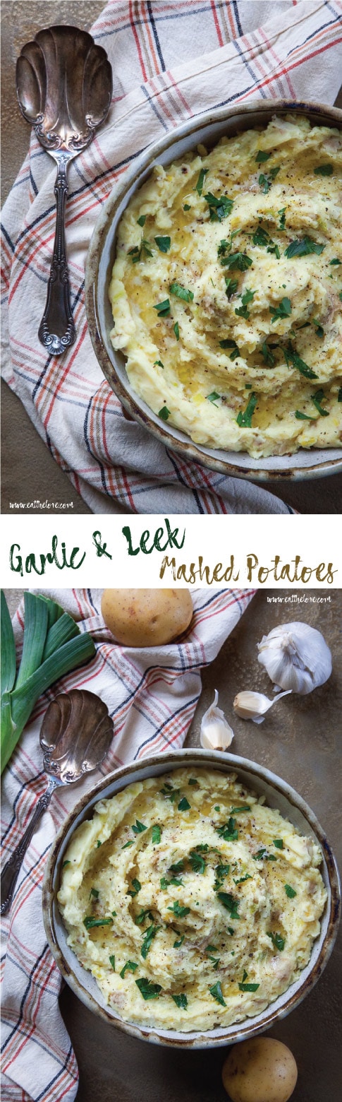 Garlic and Leek Mashed Potatoes, an easy recipe using fresh garlic and aromatic leeks. #garlic #garlicmashedpotatoes #mashedpotatoes #leeks #recipe #thanksgiving #sides
