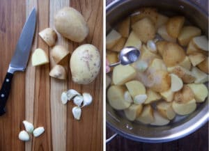 Chop the potatoes and peel the garlic cloves. Add them to a pot and fill with water. add a tablespoon of kosher salt into the water.