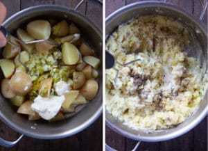 add the leeks and butter to the potatoes and garlic. Add the remaining ingredients and mash.