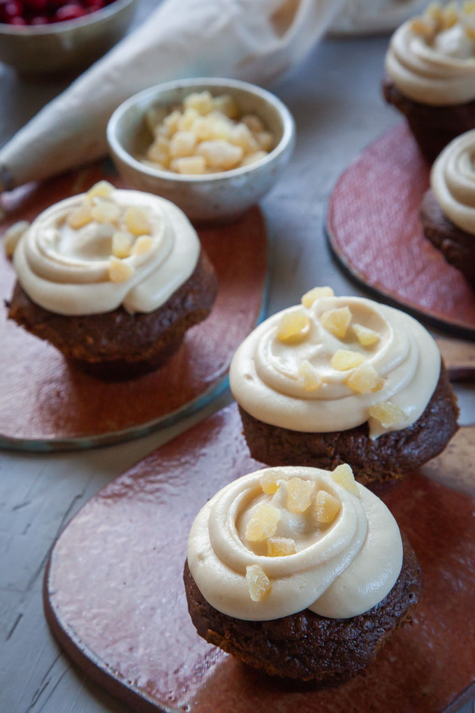 Gingerbread Cupcakes with Cranberry Sauce Filling and Cream Cheese Frosting.