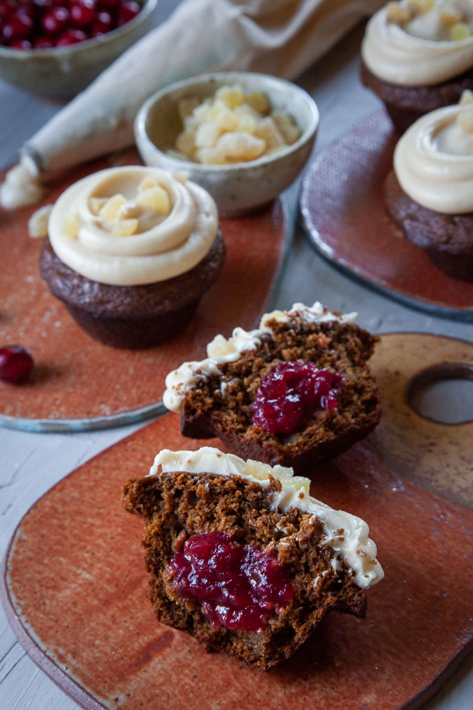 Gingerbread Cupcakes with Cranberry Sauce Filling and Cream Cheese Frosting.