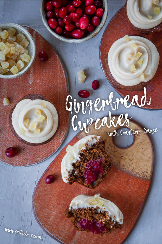 Gingerbread Cupcakes with Cranberry Sauce Filling and Cream Cheese Frosting.