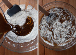Pour wet ingredients into dry ingredients and fold together.