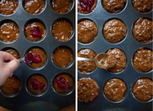 Fill muffin tins halfway, then spoon a heaping teaspoon of cranberry sauce in the middle, then cover with the remaining cupcake batter.