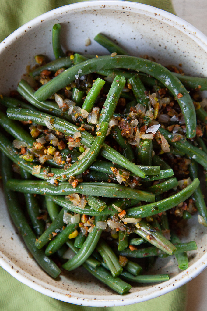 Green Beans with thyme, shallots and pistachios.