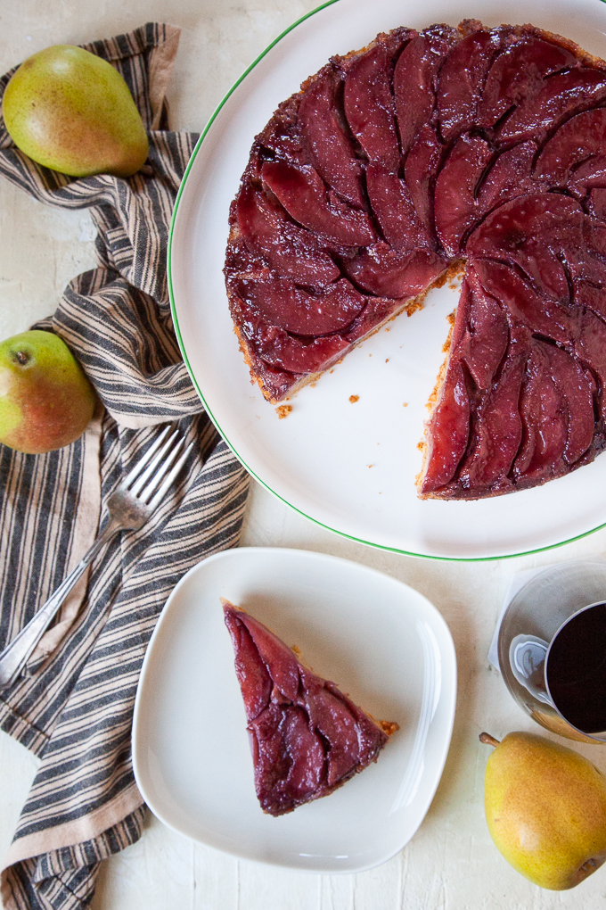 Red Wine Poached Pear Upside Down Olive Oil Cake
