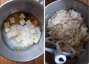 place flour, sugar, baking powder, salt, butter, oil and vanilla in the bowl then mix together.