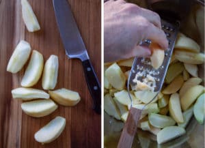 peel and slice the apples, reserving one to coarsely grate into filling.