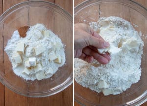 make the biscuits by placing the dry ingredients in a bowl, then adding cubed butter into the dry ingredients and smashing the butter into small bits.