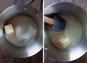 combine the water, sugar, corn syrup, and butter in a saucepan and stir until melted