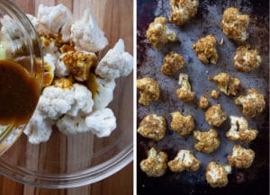 drizzle and toss cauliflower florets in spiced oil then arrange on roasting pan in single layer.