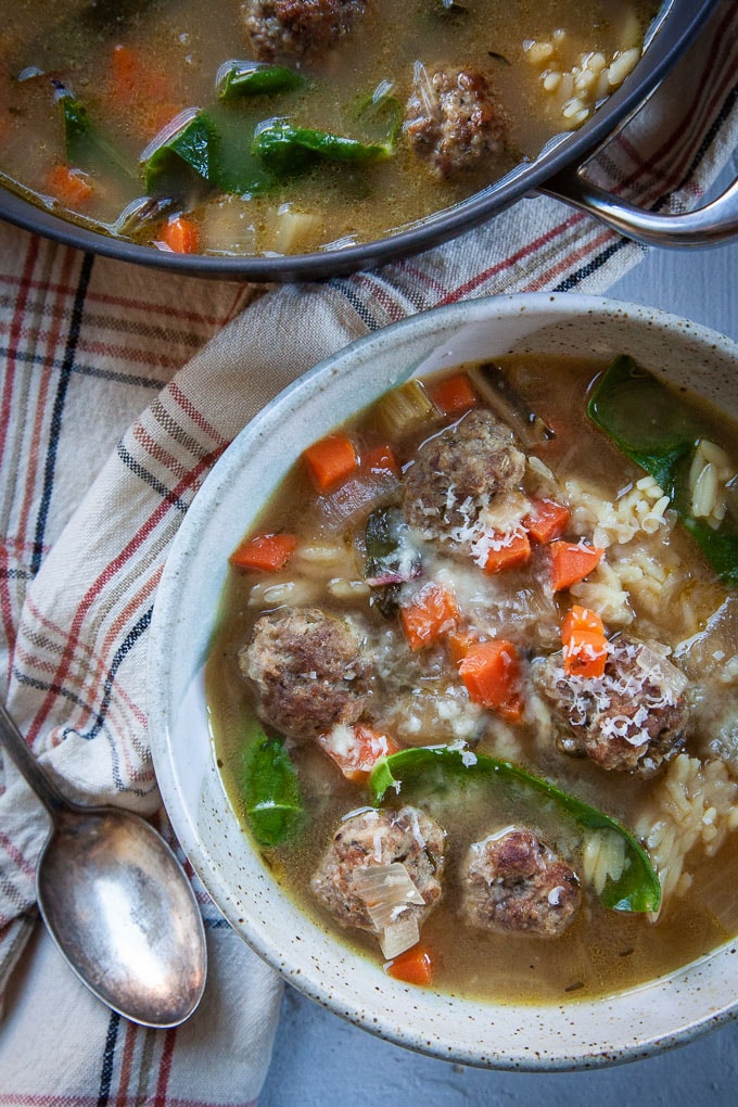 Italian Wedding Soup, a soup with meatballs, Swiss chard greens and pasta. 