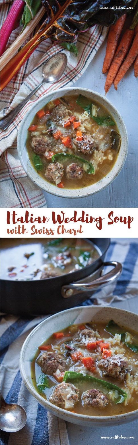 Italian Wedding Soup, an easy comforting soup from scratch made with sausage and beef meatballs, carrots, Swiss chard and orzo pasta. #soup #easy #meatballs #italianweddingsoup #italianamerican #recipe #stepbystep #swisschard