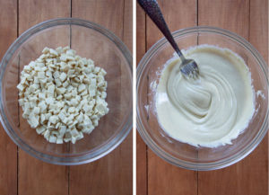 Melt white chocolate in microwave or double boiler.