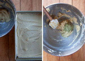 Spoon most of the batter into the pan, leaving 1/2 cup left. Then mix the matcha green tea powder into the remaining batter.