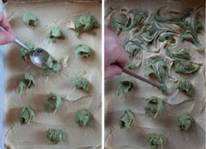 drop the green tea batter all over the top, then swirl with a chopstick or knife.