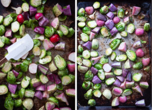 Pour vegetables onto a rimmed sheet and spread out. Roast until they start to turn golden brown around the edges.