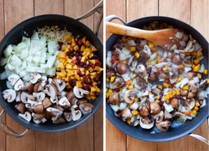 Cook the mushrooms and vegetables until they start to soften.