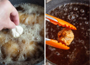 Fry the dumplings in oil heated to 350°F.