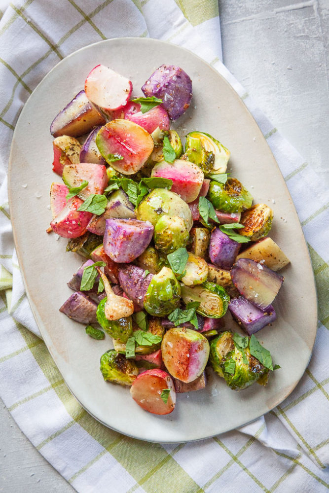 Roasted Radishes and Brussels Sprouts with Lemon Brown Butter