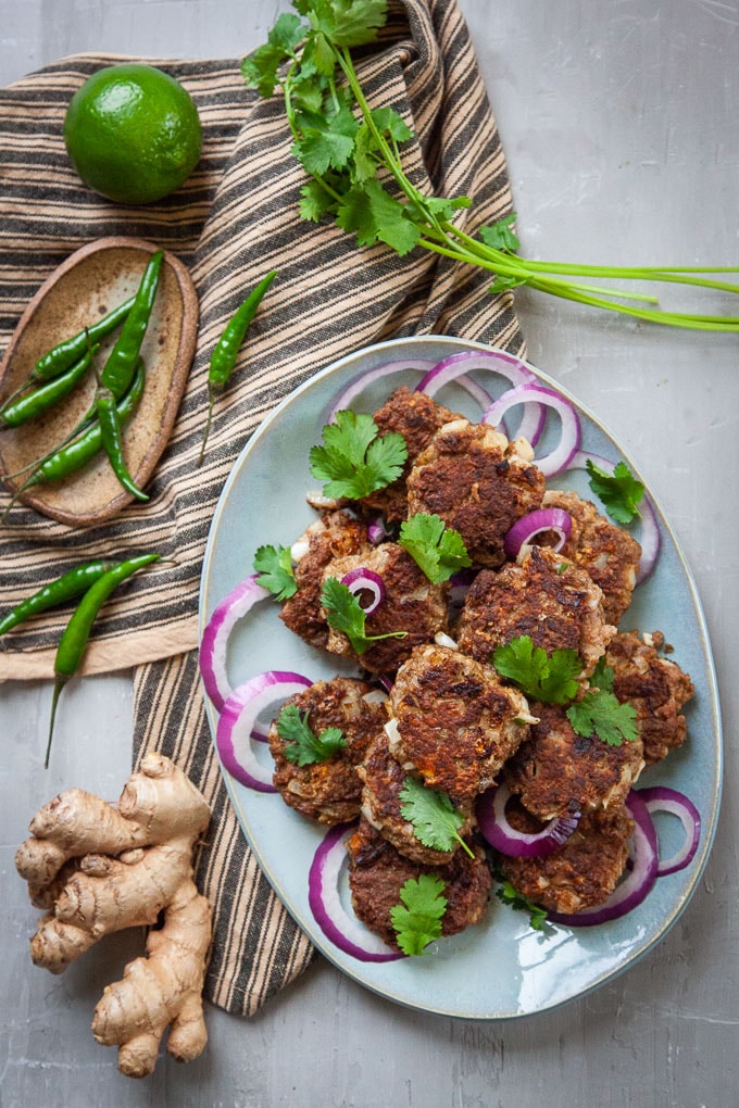Spiced Beef and Lamb Kebabs have ginger, lime, Thai chilis and a number of spices like cayenne and coriander in them.