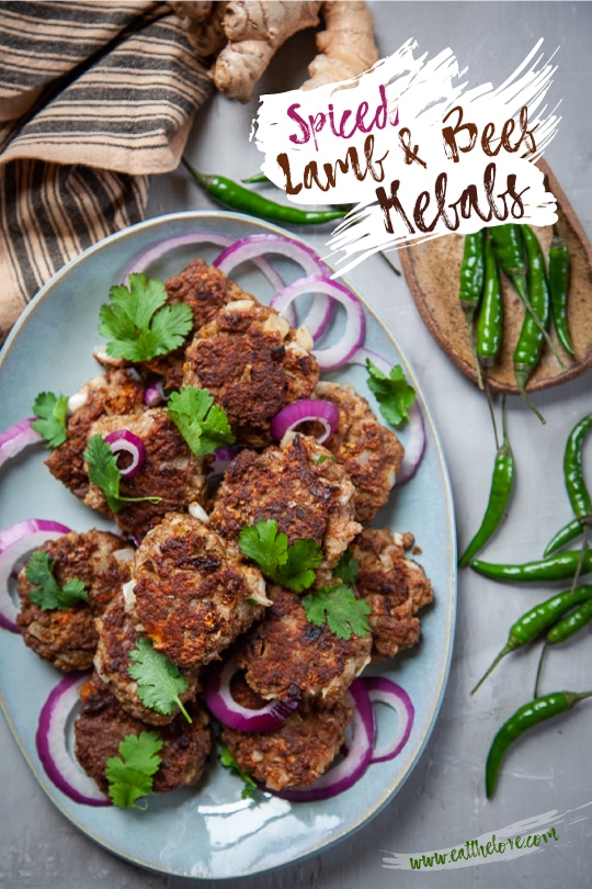 Spiced Lamb and Beef Kebabs served with cilantro and red onion slices