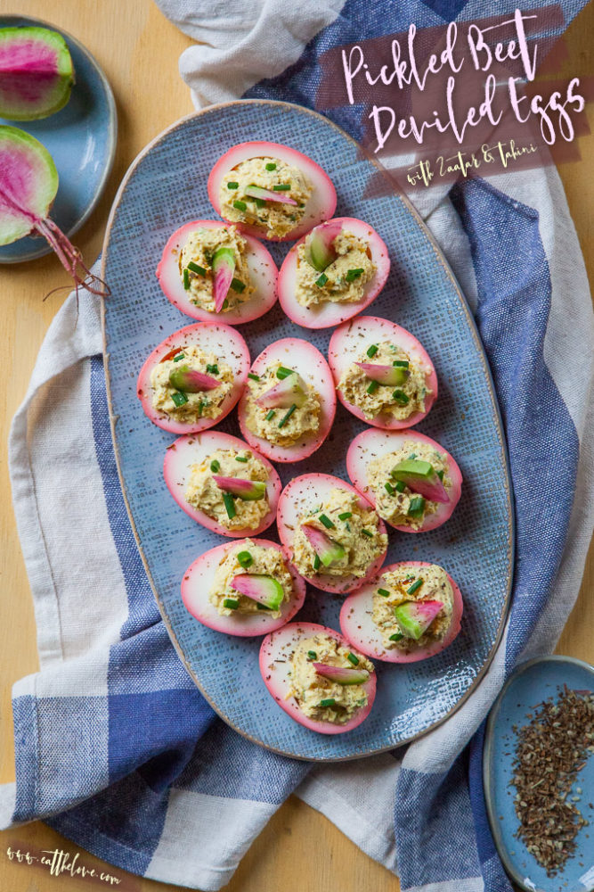 Beet Pickled Deviled Eggs with Za'atar and Tahini. 