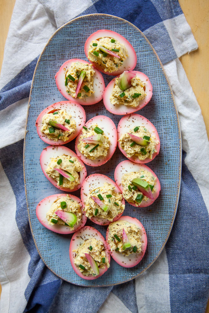 Beet Pickled Deviled Eggs with Za'atar and Tahini.