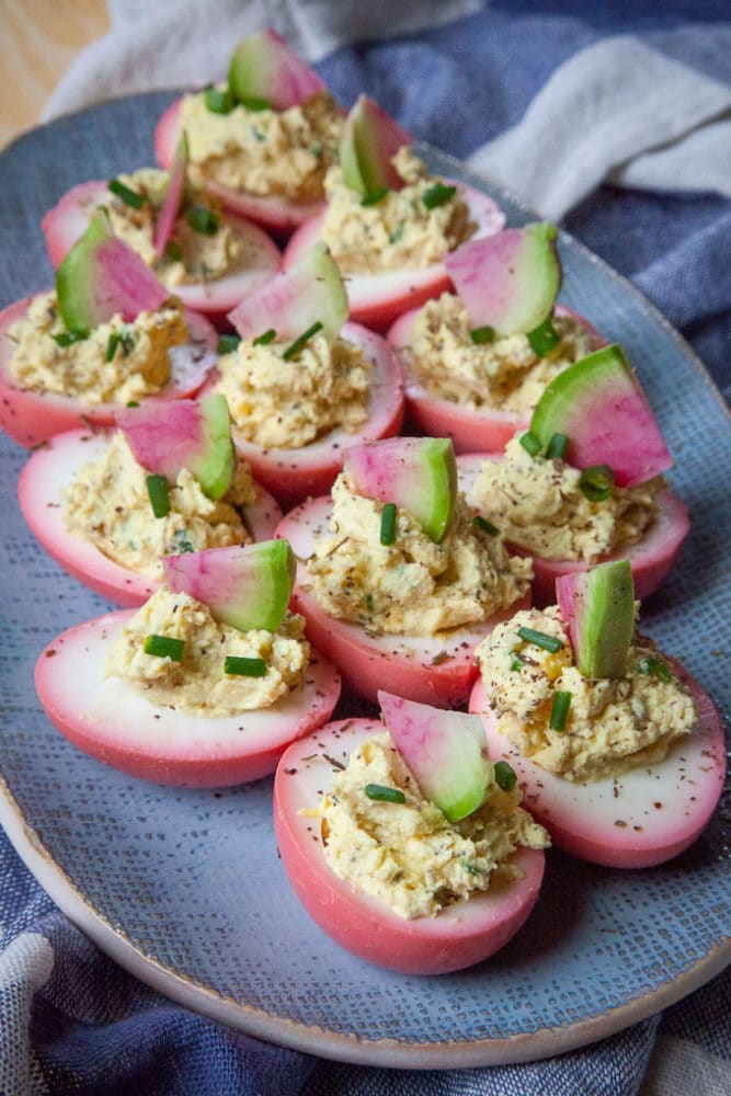 Beet Pickled Deviled Eggs with Za'atar and Tahini.