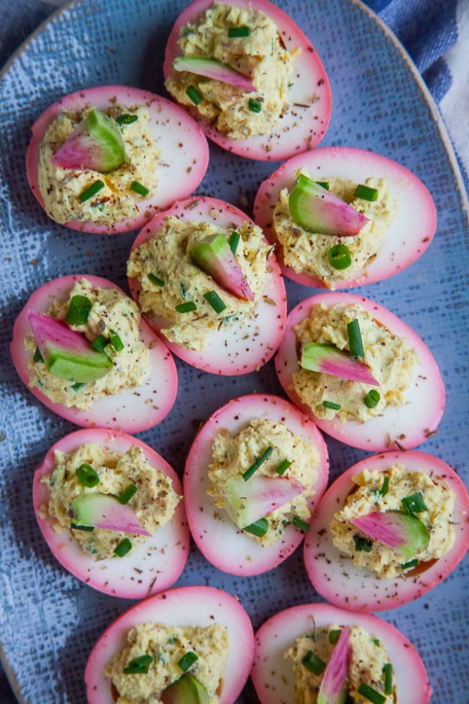 Beet Pickled Deviled Eggs with Za'atar and Tahini.