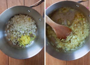 cook garlic, onion and ginger in pan with oil
