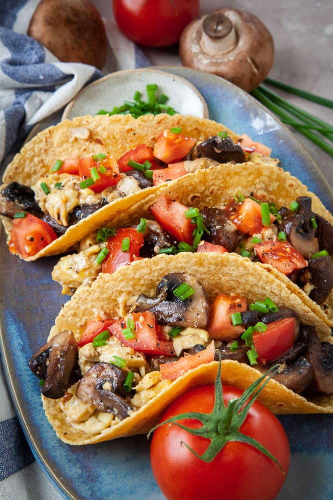 vegetarian breakfast tacos with mushrooms and egg.