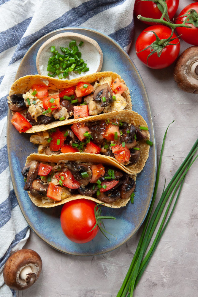 vegetarian breakfast tacos with mushrooms and egg.