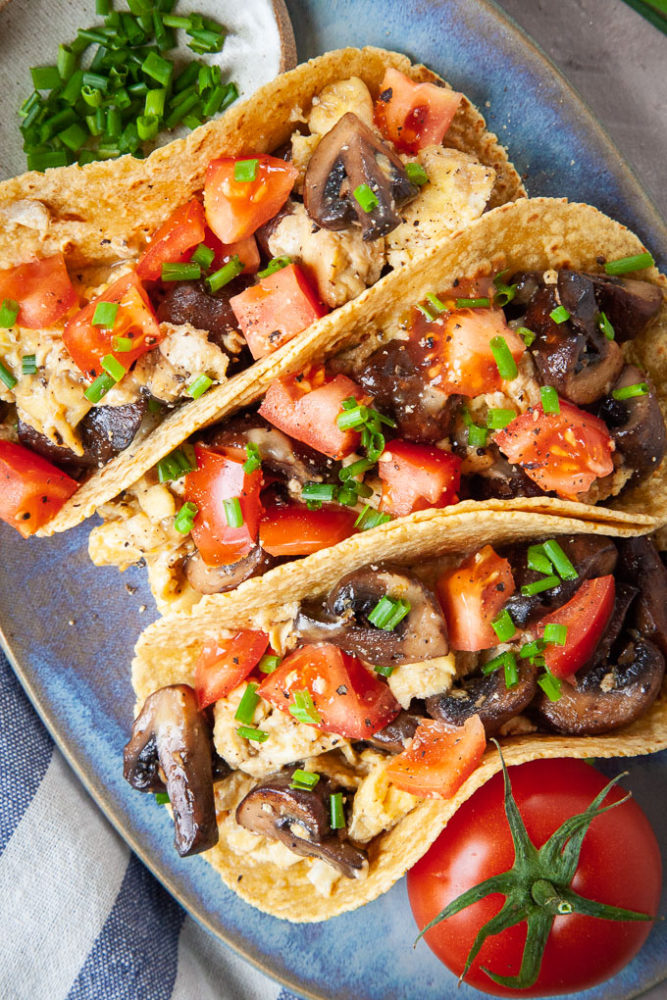 vegetarian breakfast tacos with mushrooms and egg.