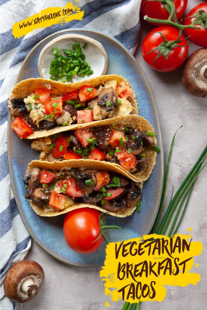 Vegetarian Breakfast Tacos with Mushrooms and Eggs. #vegetarian #breakfast #tacos #recipe #mushrooms #eggs #brunch #tortillas #pepperjack