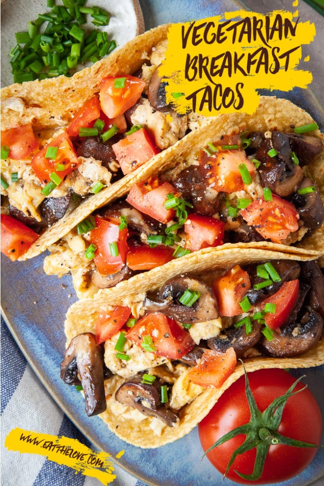 Vegetarian Breakfast Tacos with Mushrooms and Eggs. #vegetarian #breakfast #tacos #recipe #mushrooms #eggs #brunch #tortillas #pepperjack