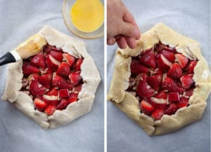 Brush the edge of the dough with egg yolk then sprinkle extra sugar over the egg wash.