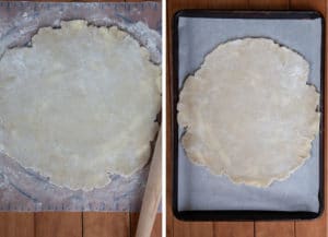Roll out the pastry dough for the fruit galette and then slide it onto parchment paper and move it to a large rimmed baking sheet.