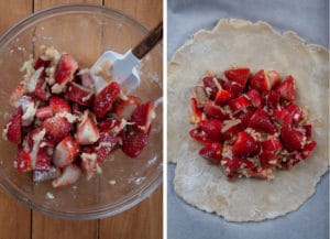 Combine the strawberry rhubarb tart filling in a bowl, then pour into the center of the rolled out galette dough.