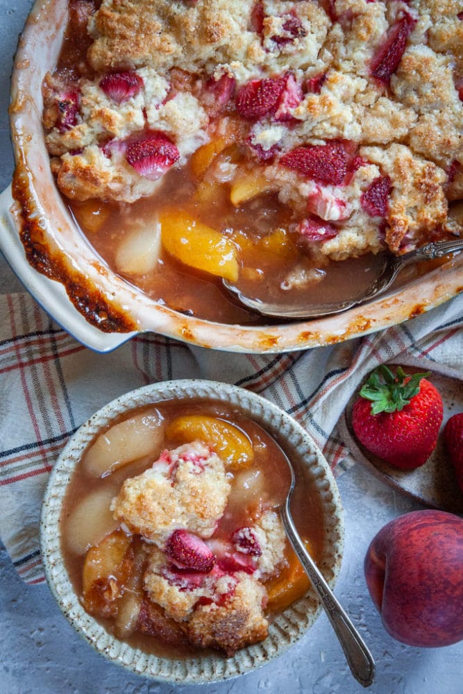 Peach Cobbler with Champagne Filling and Strawberry Biscuits
