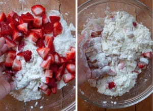 Add strawberries and toss into biscuit ingredients to coat.