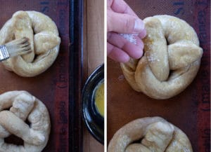 Brush the top of the pretzel with egg wash then sprinkle with salt.