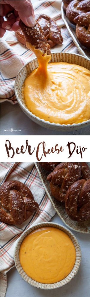 This warm beer cheese dip is easy and fast to make and pairs perfectly with pretzels, veggies or toasted baguette pieces! #pretzel #cheesedip #cheese #beer #recipe #easy #fast #appetizer #footballfood #pub #softpretzels