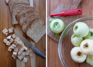 cube the bread, then peel, core and cut the apples into 1-inch slices.