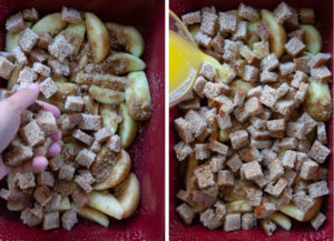 Add a half the bread cubes, then pour half the butter over the entire dessert.