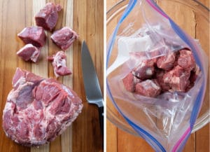 Cut lamb into 1-inch chunks and place in a 1 gallon resealable bag.