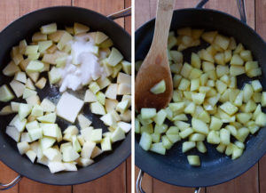 Cook chopped apples with butter and sugar until soft.