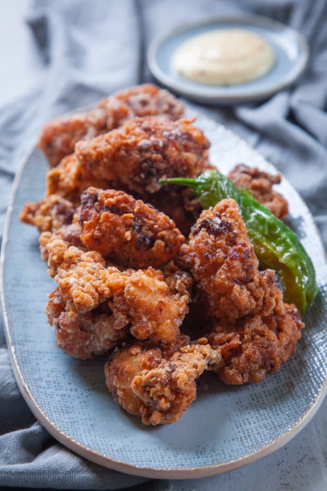 A pile of Japanese karaage fried chicken on a plate.